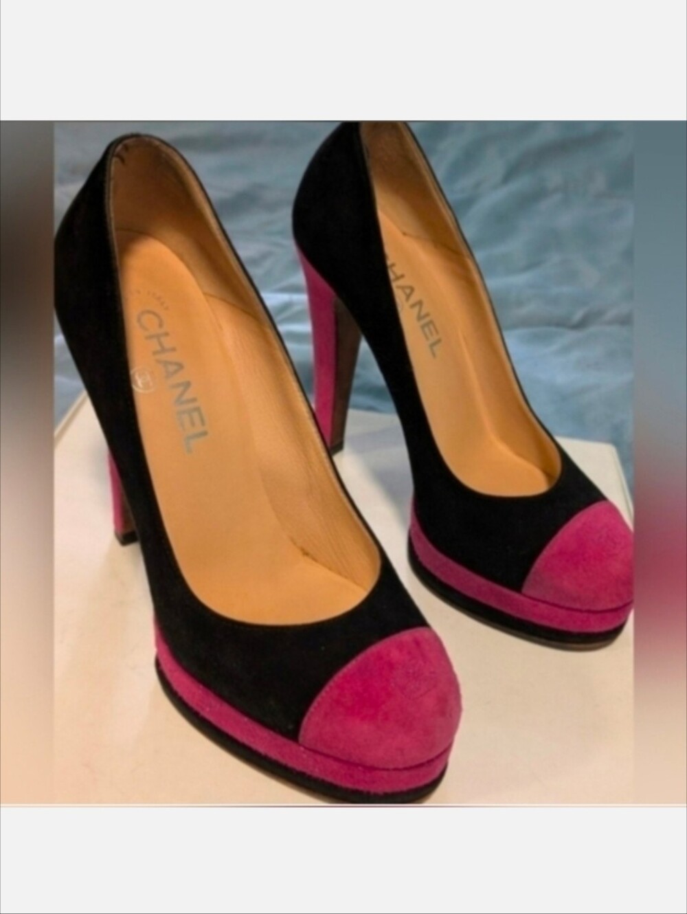 Chanel Two-Tone Black and Pink Suede Heels W/ Quilted Design Platform Size 37.